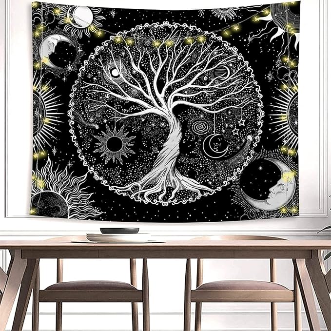 AACKart Tree of Life Tapestry for Bedroom Aesthetic Room Decor-Black and White Spiritual Tree Tapestry Wall Hanging with Sun Moon Star 78.7×59.1 inches-Ruum Studio Home