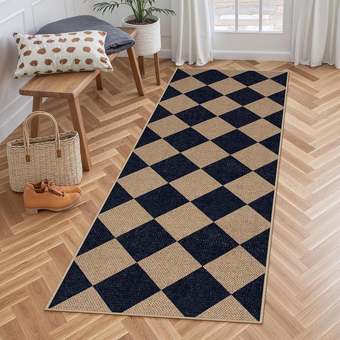 Lahome Checkered Easy Jute Runner Rug, 2x6 Kitchen Mats for Floor Washable Entryway Runner, Checkerboard Black Indoor Outdoor Carpet for Hallway 6ft Entry Laundry-Ruum Studio Home