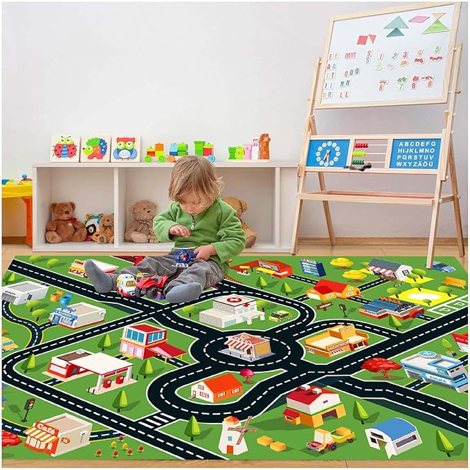 Kids Rug - Car Rugs for Kids Toy Cars Play Mat with Rubber Backing - City Life Road Rug for Fun - City Map for Carpet - Bedroom Boys (RED, 4x6ft)-Ruum Studio Home