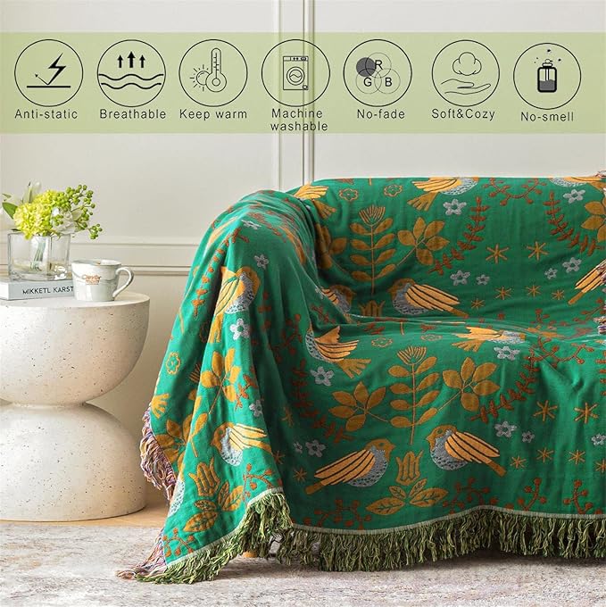 MSGKV Boho Throw Blanket 100% Cotton Green Blanket 90''x 98'' Double Sided Knit Blankets with Tassels Reversible Warm Soft Blanket Throw Blankets for Bed Sofa Living Room-Ruum Studio Home