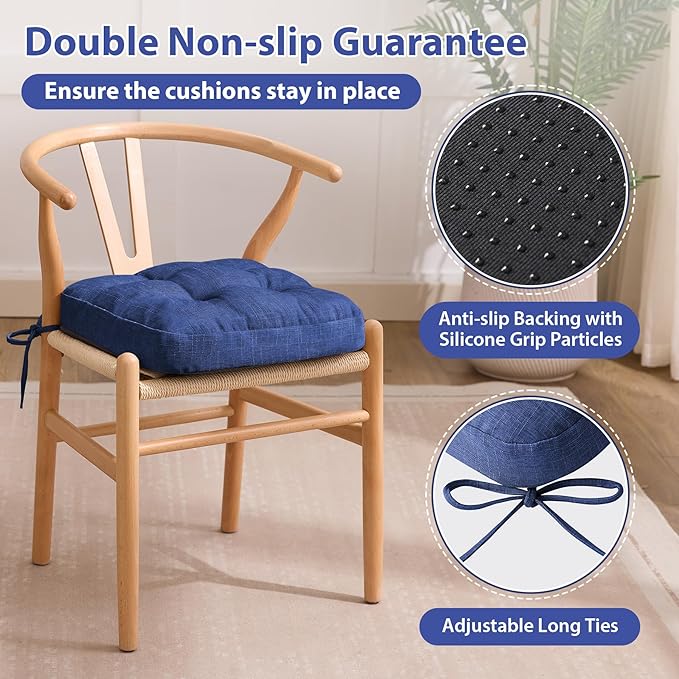 Chair Cushions for Dining Chairs, Dining Chair Cushions, Tufted Indoor Chair Pads with Ties & Non Slip Backing, Seat Cushions for Kitchen Chairs 16.5” x 16.5” x 3.5”, Set of 6, Navy Blue-Ruum Studio Home