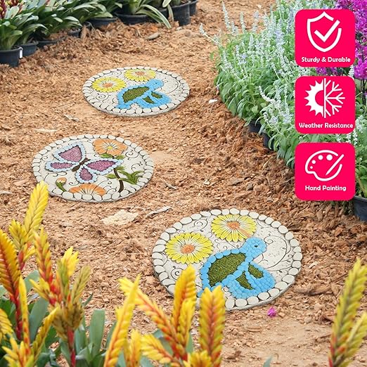 Garden Stepping Stones Set of 2 Butterfly Outdoor Garden Decor 10 inch Round Decorative Stones Pavers for Garden Walkway Landscaping, Hummingbird Gifts (N6-YYD334)-Ruum Studio Home