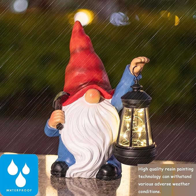 Garden Gnome Statue Solar Light Outdoor Decorations Figurine with Lantern Led Shovel Sculpture Lawn Patio Yard Porch Outside Christmas Housewarming Gifts for Women Mother's Day Grandma-Ruum Studio Home