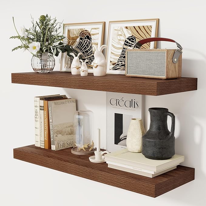 Floating Shelves 36 Inch Long, 12 Inch Deep Floating Shelves for Wall, 36 x 12 Shelves for Wall Storage & Display, 2" Thick Floating Shelf for Bathroom, Living Room, Bedroom, Walnut Color, Set of 2-Ruum Studio Home