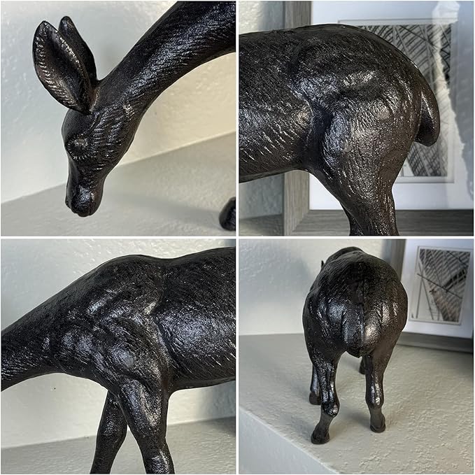 Cast Iron Deer Sculpture（11.4" Tall）, Realistic Lawn Garden Decor Statue, Lifelike Grazing Deer Figure, Outdoor/Indoor Decorative Art, Metal Animal Ornament HC3672-Ruum Studio Home