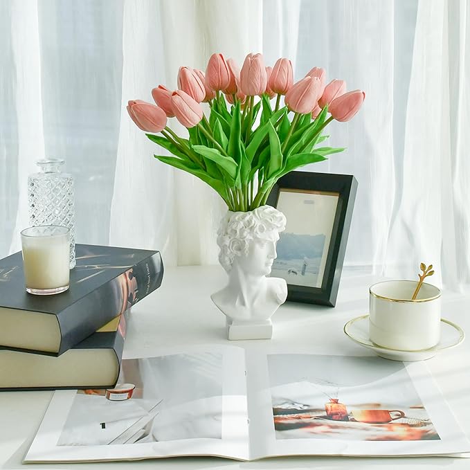 Mandy's Artificial Tulips 20 Stems Dusty Pink PU Faux Flowers for Wedding Home Decor 13.5 Inch-Ruum Studio Home