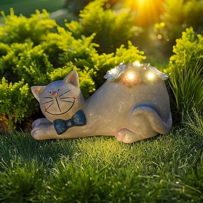 Cat Garden Figurines Outdoor Decor Solar Statue with Succulent and LED Lights for Patio Lawn Yard Art Decoration Housewarming Garden Gift-Ruum Studio Home