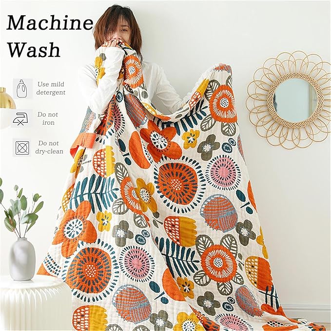 Cotton Throw Blanket for Couch Bed 100% Cotton Quilt 90''x 98'', Boho Floral Blanket Cozy Soft Muslin Farmhouse Bed Blanket Decorative Christmas Blankets Gifts for Women Mom-Ruum Studio Home