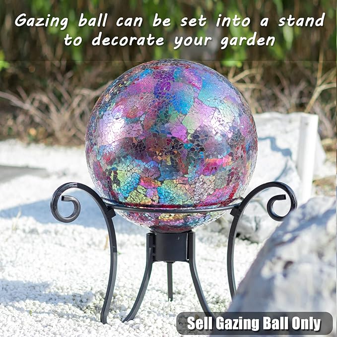 VCUTEKA Gazing Ball, Iridescent Crackled Glass Mosaic Gazing Balls Sphere for Garden Lawn Outdoor Ornament Yard Decorative, 10-Inch, Purple-Ruum Studio Home