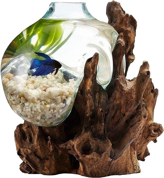 Hand Blown Molten Glass & Teak Wood Terrarium/Vase/Fish Bowl - Premium Quality (12" - 14" High)-Ruum Studio Home
