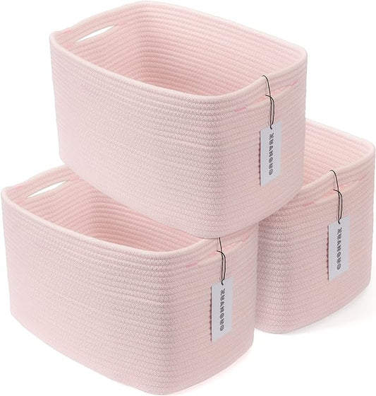 Cotton Rope storage Basket Bins Woven Basket for Organizing Shelves Rectangle Decorative Baskets For storage Clothes Toys Books Towels Square Wicker Nursery basket organizer 3 pack light pink-Ruum Studio Home