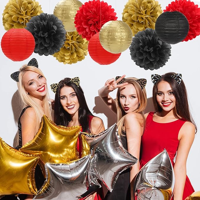 Red-Black Gold Party-Decorations Paper Flowers Lanterns - 15PCS Casino Theme Halloween Tissue Pom Poms Streamers,Game Night Women Men Birthday Wedding Bachelorette Hanging Supplies Decor Hugfond-Ruum Studio Home