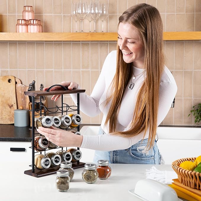 Orii 16 Jar Acacia Wood & Metal Wire Spice Rack with Spices Included, Storage for Spices and Seasoning, Black & Brown-Ruum Studio Home