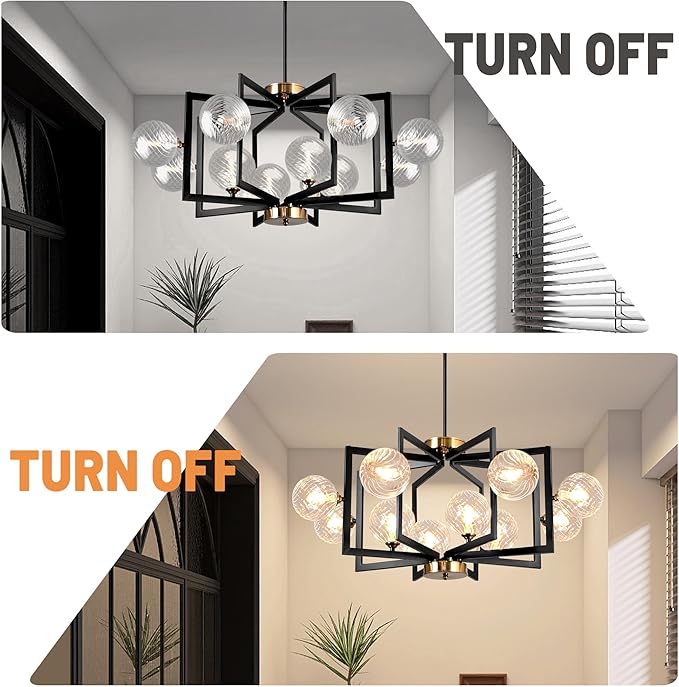 12 Light Black Farmhouse Chandelier Geometric Metal Dining Room Light Fixture Height Adjustable Black Chandeliers for Dining Room Clear Glass Farmhouse Industrial Pendant Lights for Bedroom, Entryway-Ruum Studio Home