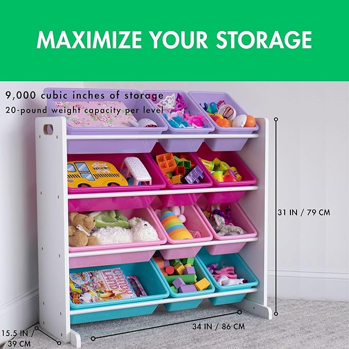 Humble Crew Kids Toy Storage Organizer with 12 Plastic Bins, White/Pink/Purple/Turquoise – Removable Bins for Playroom, Bedroom, Toddler Furniture for Boys and Girls Ages-Ruum Studio Home