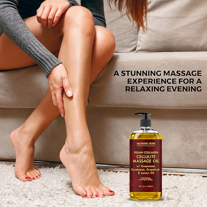 MAJESTIC PURE Cellulite Massage Oil for Massage Therapy - Refreshing, and Relaxing - Natural Oils with with Vegan Collagen & Stem Cells - for All Skin Types - Men and Women - 8 fl oz-Ruum Studio Home