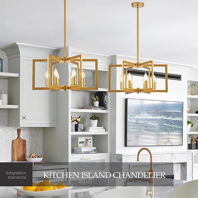 Modern Farmhouse Gold Chandeliers for Dining Room, 6-Light Industrial Metal Chandeliers Geometric Pendant Lights Kitchen Island for Entryway Stairway Foyer Hallway-Ruum Studio Home
