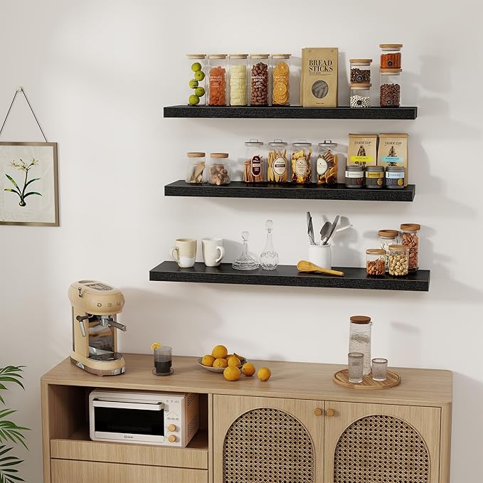 Black Floating Shelves Wall Shelf 40 Inch, 8 Inch Deep Floating Shelf for Wall, Farmhouse Black Wood Shelves Invisible Bracket for Living Room, Bedroom, Kitchen, 40 x 8 x 1.4 Inch, Set of 2-Ruum Studio Home
