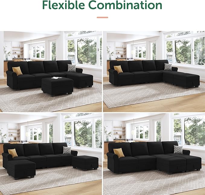 HONBAY Sectional Sofa with Storage Seat Velvet U Shaped Couch with Reversible Chaise Convertible Sectional Couches for Living Room,Black Velvet-Ruum Studio Home