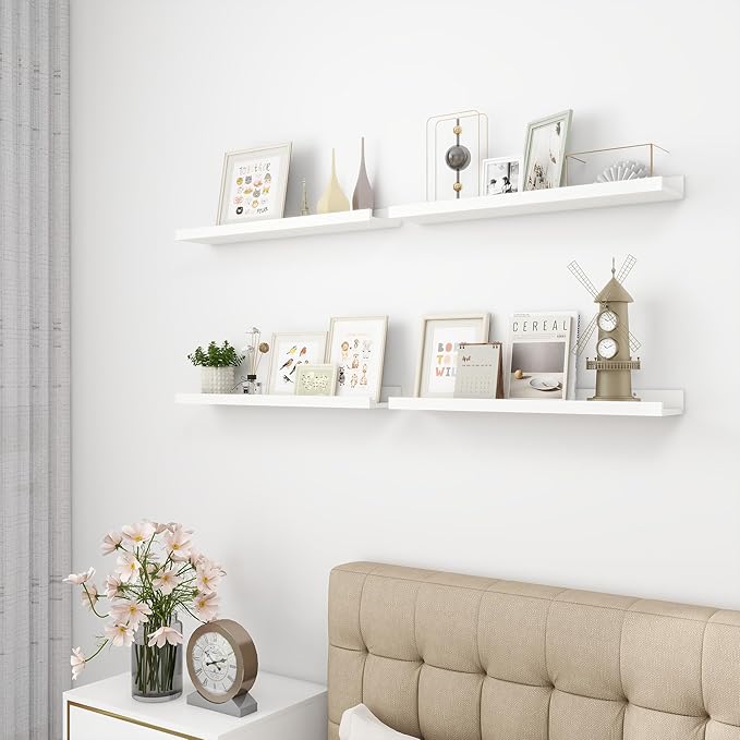 Picture Ledge Shelf, Wood Floating Shelves Set of 4, 24 inch Picture Ledge Shelves, Photo Ledge Nursery Book Shelves Wall Mounted for Living Room Kids' Room Bedroom, Color White-Ruum Studio Home