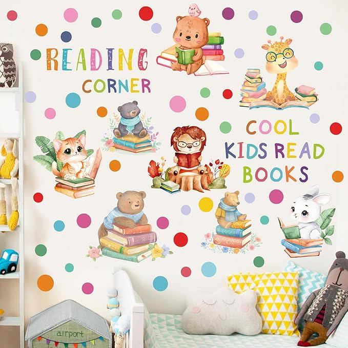 Reading Corner Decor,Reading Books Wall Decals,Learning Study Wall Stickers,Cartoon Animals Window Decals,Giraffe Bear Rabbit Read Books Stickers for Toddler Nursery Bedroom Classroom School-Ruum Studio Home