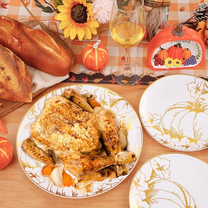 FLOWERCAT 60PCS Thanksgiving Plates & Gold Pumpkin Plates - Including 30PCS 10.25inch Thanksgiving Dinner Plates and 30PCS 7.5inch Thanksgiving Dessert Plates for Giving Thanks Theme Party-Ruum Studio Home