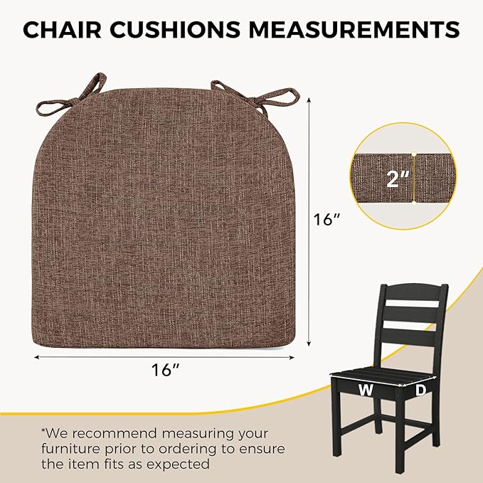 downluxe Indoor Chair Cushions for Dining Chairs, Soft and Comfortable Textured Foam Kitchen Chair Pads with Ties and Non-Slip Backing, 16" x 16" x 2", Brown, 6 Pack-Ruum Studio Home