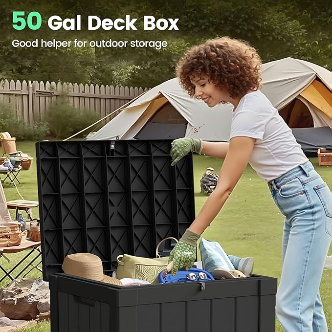 50 Gallon Storage Box, Waterproof Deck Box for Indoor & Outdoor Use, Lockable Pool Storage Bin for Package Delivery, Outdoor Bench for Patio Cushions, Garden Tools, Backyard, Black-Ruum Studio Home