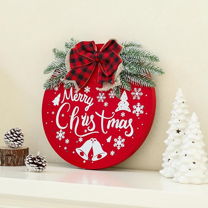 HOMCDALY Merry Christmas Welcome Sign for Front Door, Red X-mas Sign with Light, Holiday Door Decoration Wooden Hanging Sign, Christmas Decoration, Wall Art, Wall Decor(Red)-Ruum Studio Home