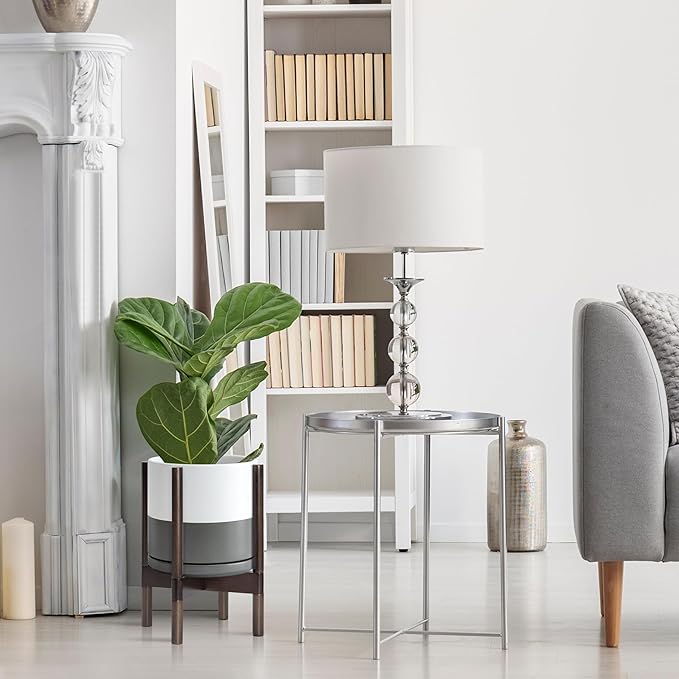 D'vine Dev Ceramic Planter with Walnut Color Stand - 10 Inch Modern Round Flower Pot with Wood Planter Holder, White/Grey, 55-B-X-6-Ruum Studio Home