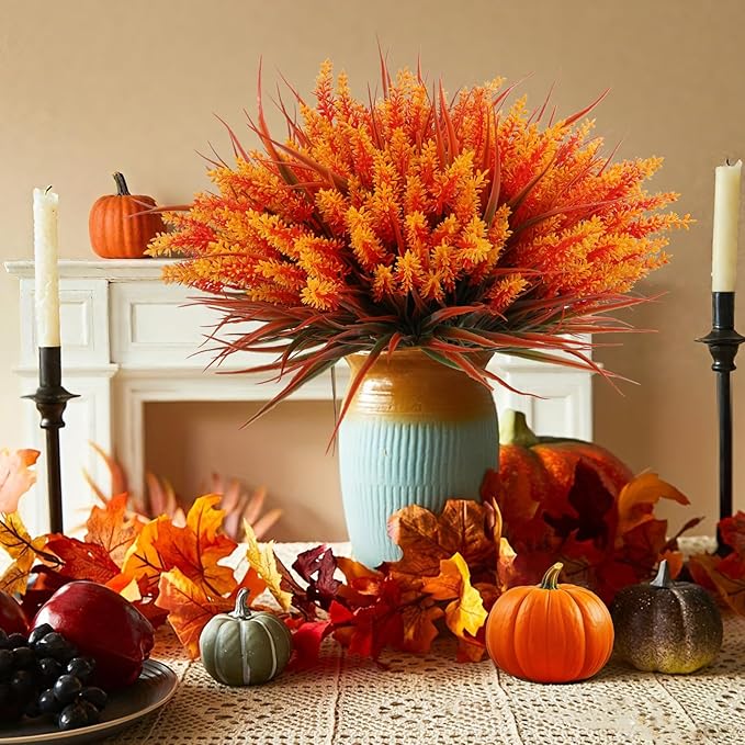 Geegoods 24 Bundles Artificial Fall Flowers Outdoor – Faux Lavender Flowers with Monkey Grass UV Resistant Plastic Faux Plants for Garden Porch Patio Home Decor, Autumn-Orange Color-Ruum Studio Home
