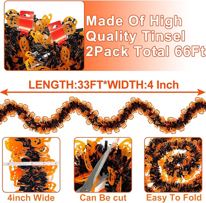 TURNMEON 2 Pack Halloween Garland Total 66 Ft Halloween Tinsel Garland with Black Orange Pumpkin Metallic Twist Black Tinsel Garlands Outdoor Halloweens Decorations Indoor for Home Mantle Door Tree-Ruum Studio Home