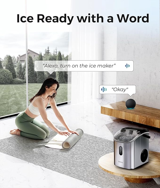 ecozy Smart Nugget Ice Maker Countertop, Portable Pebble Ice Machine with Voice Control, 34lbs/24H Soft Chewable Ice, Self-Cleaning Pellet Ice Maker with APP WiFi for Kitchen Party, Stainless Steel-Ruum Studio Home