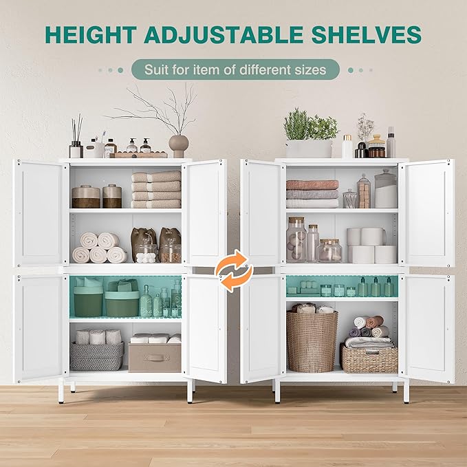 White Storage Cabinet with 4 Doors and 2 Adjustable Shelves,Narrow Food Pantry Cabinet with Leg,24 inch Wide Bathroom Cabinets,Small Metal Storage Cabinets for Home Kitchen,Dining/Living/Laundry/Room-Ruum Studio Home