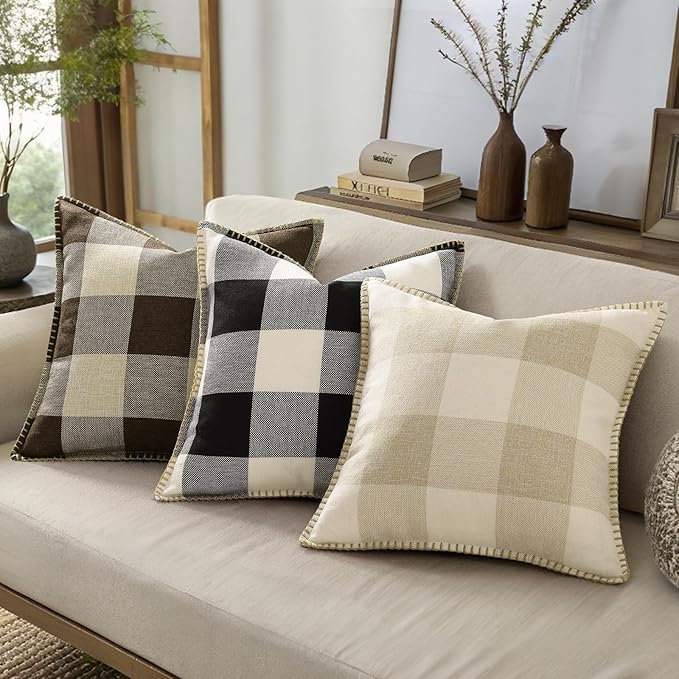 decorUhome Buffalo Plaid Check Throw Pillow Covers 22x22 Set of 2, Outdoor Decorative Farmhouse Neutral Pillow Covers with Stitched Edge for Bed Couch Sofa, Brown and Beige-Ruum Studio Home