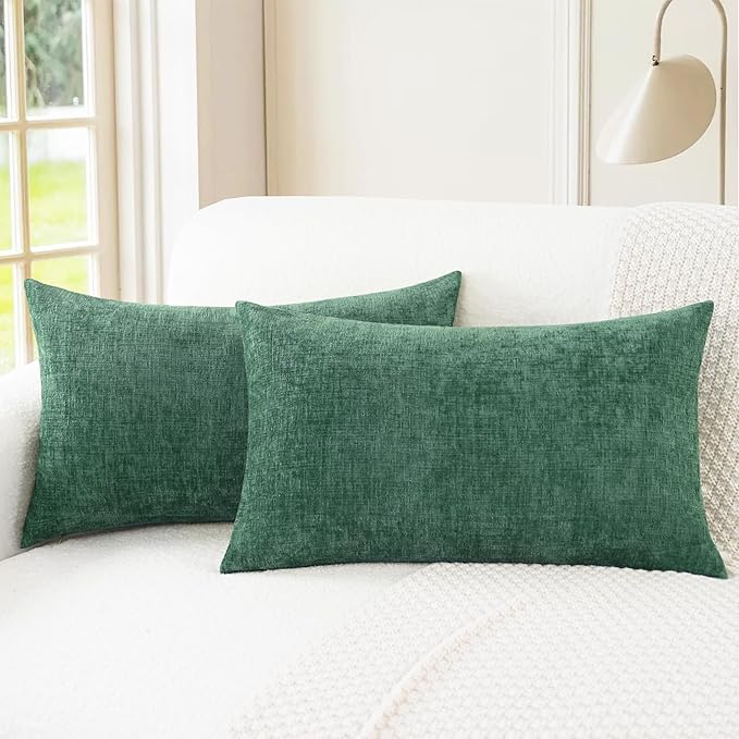 CaliTime Throw Pillow Covers Decorative 12 X 20 Inches Pack of 2 Cozy Chenille Cushion Cases for Couch Sofa Bed Living Room Home Dark Green-Ruum Studio Home