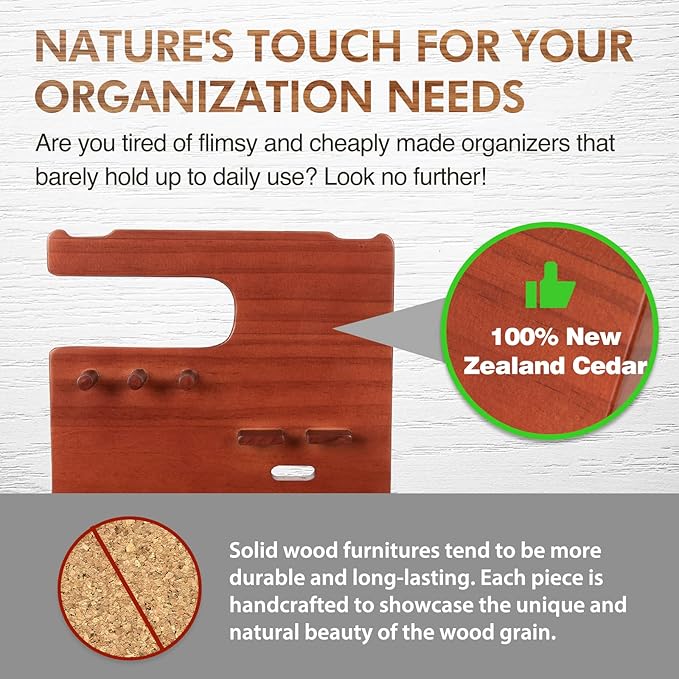 Solid Wood Nightstand Organizer by SolaJoy, Docking Station, Gifts for Men, Made of Cedar, Versatile Bedside Table Organizer for Cellphone, Watch, Headphone, Keys Walnut Wood-Ruum Studio Home