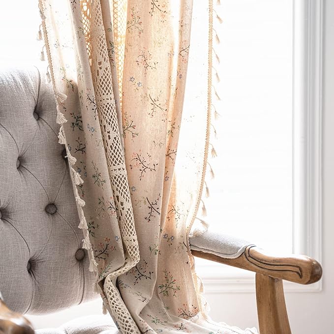 Sutuo Home Boho Curtain Semi-Blackout Crochet Hollow Lace Patchwork with Floral Print Cotton Linen Fabric, Handmade Tassels Rod Pocket Bohemian Window Drapes for Living Bedroom, 59"W x 84"L, 1 Panel-Ruum Studio Home