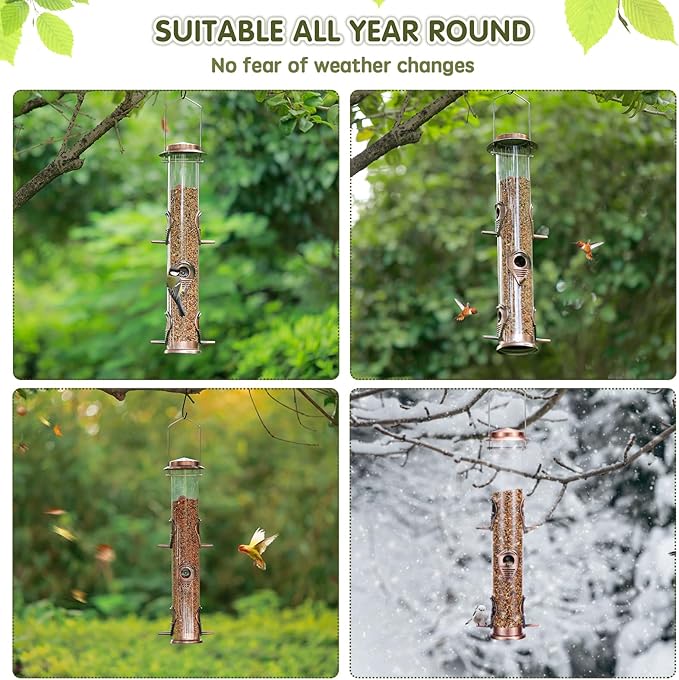 MIXXIDEA 2PK Metal Wild Bird Feeder Squirrel Proof for Outside Hanging - 6 Port Tube Transparent Finch Feeder With Steel Hanger (Antique Copper)-Ruum Studio Home