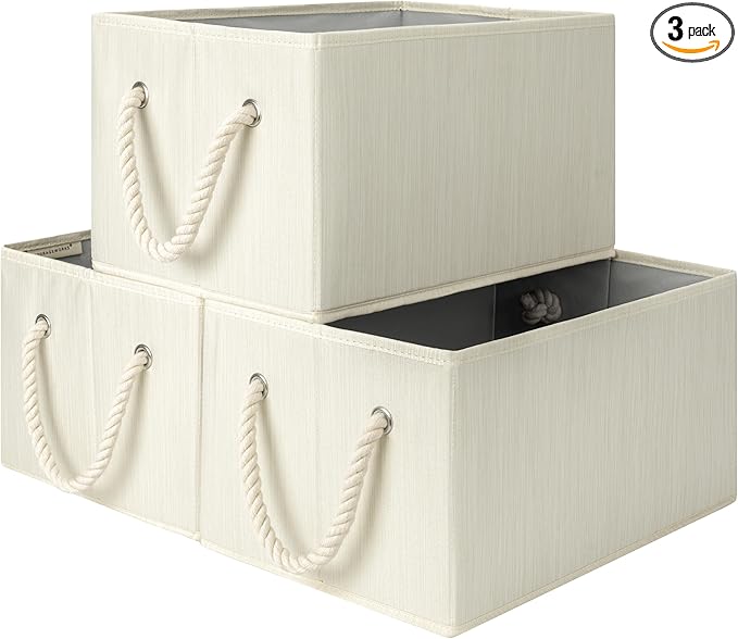 StorageWorks Storage Baskets for Shelves, Foldable Fabric Closet Storage Bins with Handles, Fabric Storage Bins Clothes Organizer, Beige, White & Ivory, 3-Pack, Large-Ruum Studio Home