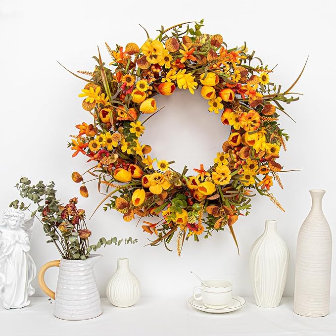 22 Inches Fall Wreaths for Front Door Rustic Autumn Wreath Farmhouse Fall Floral Wreaths with Tulips Orange Wildflowers for Wall Window Porch Indoor Outside-Ruum Studio Home