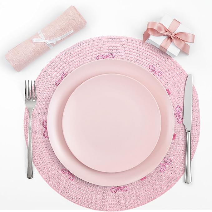 Whaline 4Pcs Round Placemats Pink Bow Embroidered Place Mats Coquette Bow Dinner Table Mats for Home Wedding Baby Shower Birthday Party Decor-Ruum Studio Home
