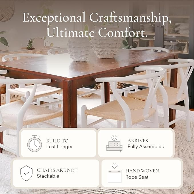 POLY & BARK Weave Dining Chair – Mid-Century Modern Wishbone Dining Chair with Arms, Solid Wood Frame, Indoor Use – White – Single - Ideal for Dining Room, Kitchen or Stylish Accent Setting-Ruum Studio Home