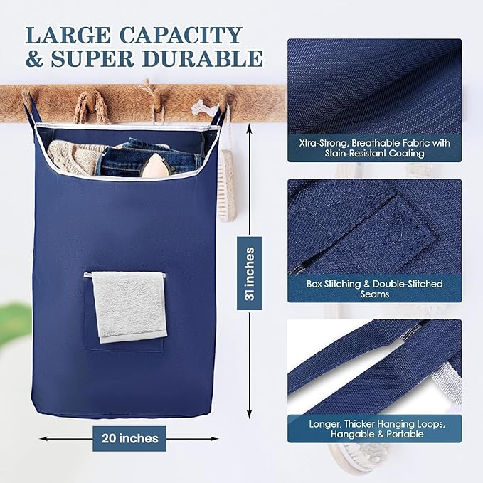 Fine Living Co. Large Hanging Laundry Hamper with Over Door Hooks & Adhesive, Durable Space Saving Laundry Bag with Zipper and Wide Open Top, Hanging Dorm Laundry Hamper (Navy Blue-XL)-Ruum Studio Home