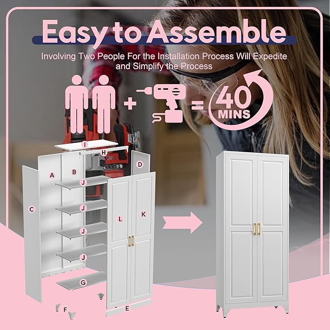75" Storage Cabinet, Metal Pantry Cabinet, Kitchen Pantry Storage Cabinets with Doors and 4 Shelves, Cabinets for Laundry Room, Living Room, Dinning Room, Assembly Required, White-Ruum Studio Home