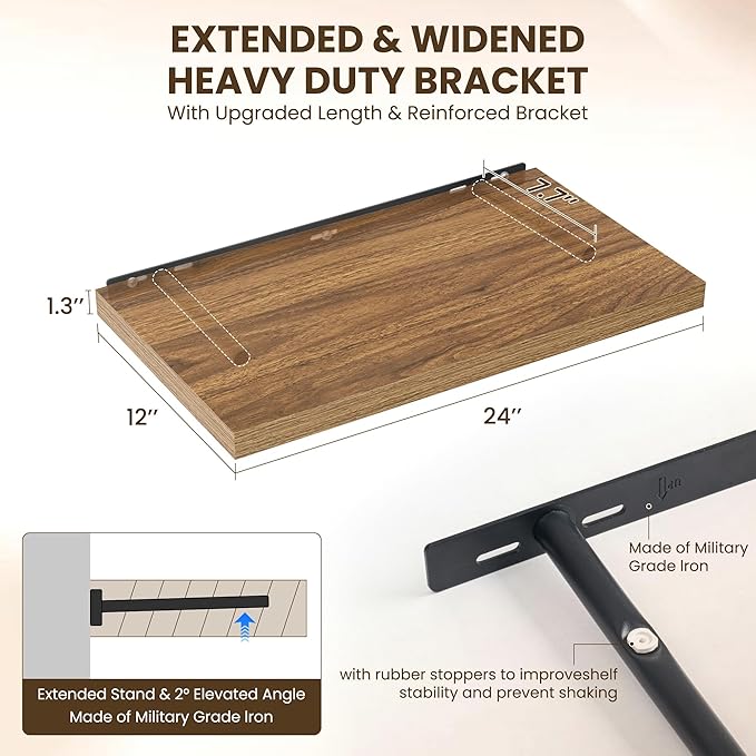 24" Floating Shelves for Wall, 12" Deep Slim Walnut Floating Shelves, Wall-Mounted Shelves for Bedroom, Living Room, Kitchen, Bathroom - Set of 2-Ruum Studio Home