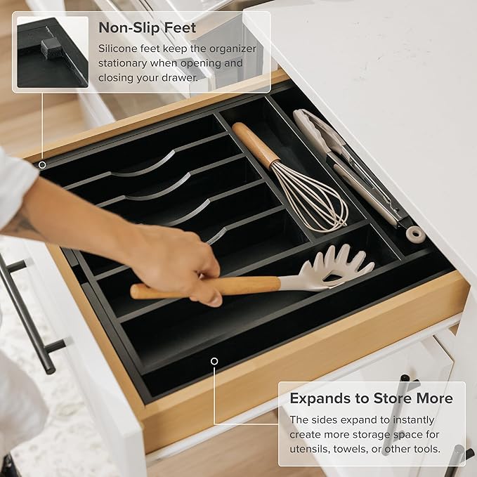 Premium Silverware, Flatware and Utensil Organizer for Kitchen Drawers, Food-Safe Contract Grade, Expandable from 14.5 to 25 In, Black Bamboo-Ruum Studio Home