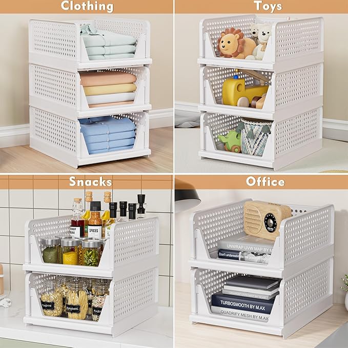 5 Pack Stackable Closet Storage Basket - Stackable Storage Bins, Multifunctional & Foldable Closet Organizer, Wardrobe Cupboard Space-Saving Hat Storage Drawer Organizer, White-Ruum Studio Home