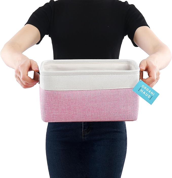 OrganiHaus Small Fabric Storage Baskets for Shelves 6 Pack, 12x8in Closet Storage Bins for Shelves, Cloth Baskets for Organizing, Linen Closet Organizers, Fabric Basket, Pink/White-Ruum Studio Home