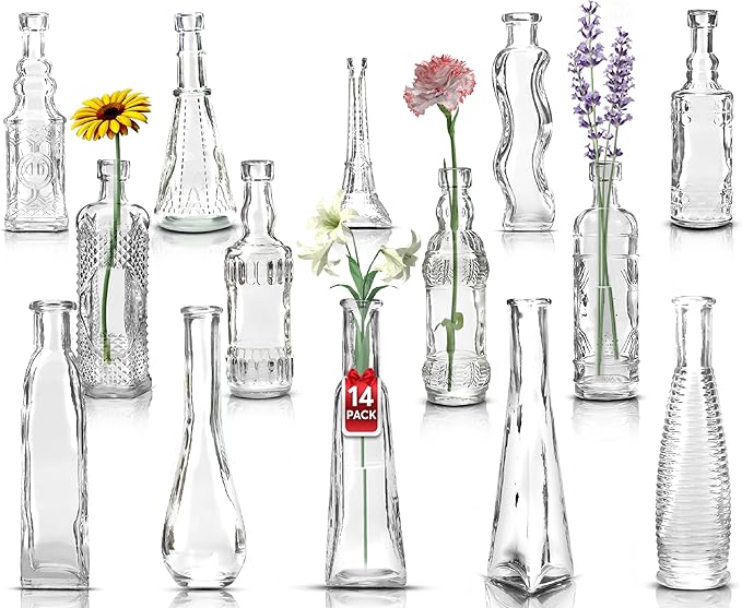 Small Vintage Glass Bottles with Corks, Mini Vases, Decorative Glass Bottle, Potion Bottles, Assorted Design - Set of 14 assorted design 5oz 6.5-7 inch tall 1.8-2.inch wide.-Ruum Studio Home